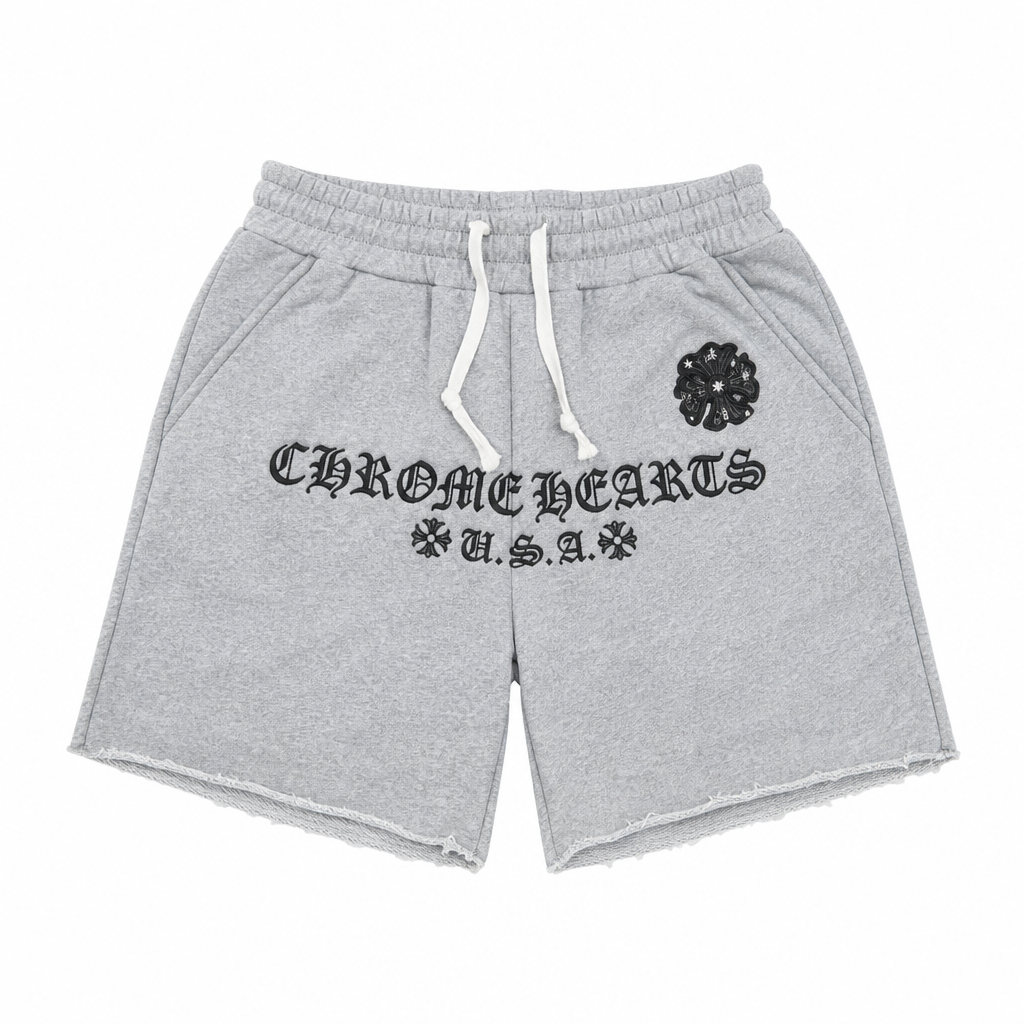 Embroidered Fleece Shorts — Grey