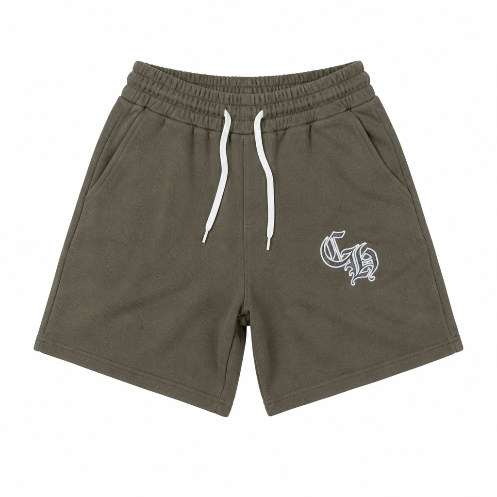 Embroidered Fleece Shorts — Olive