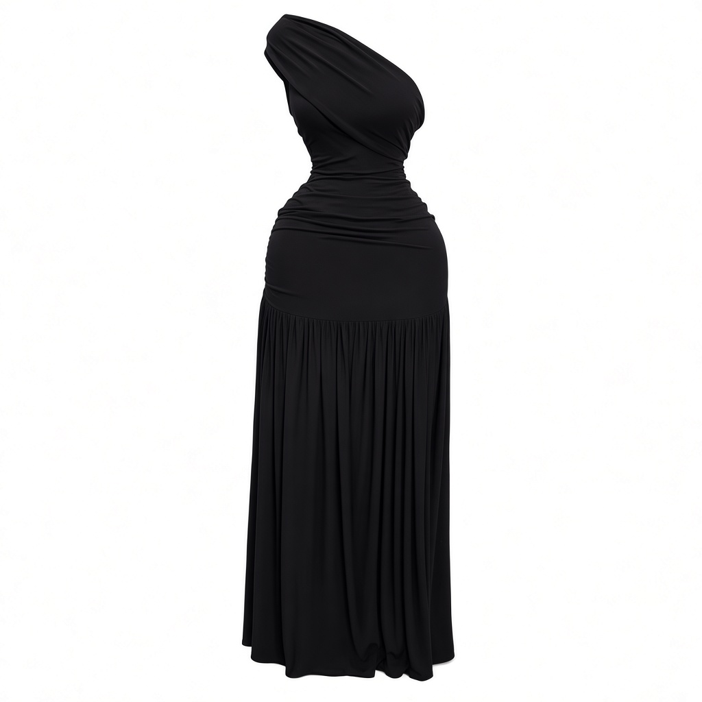 One-Shoulder Ruched Maxi — Black