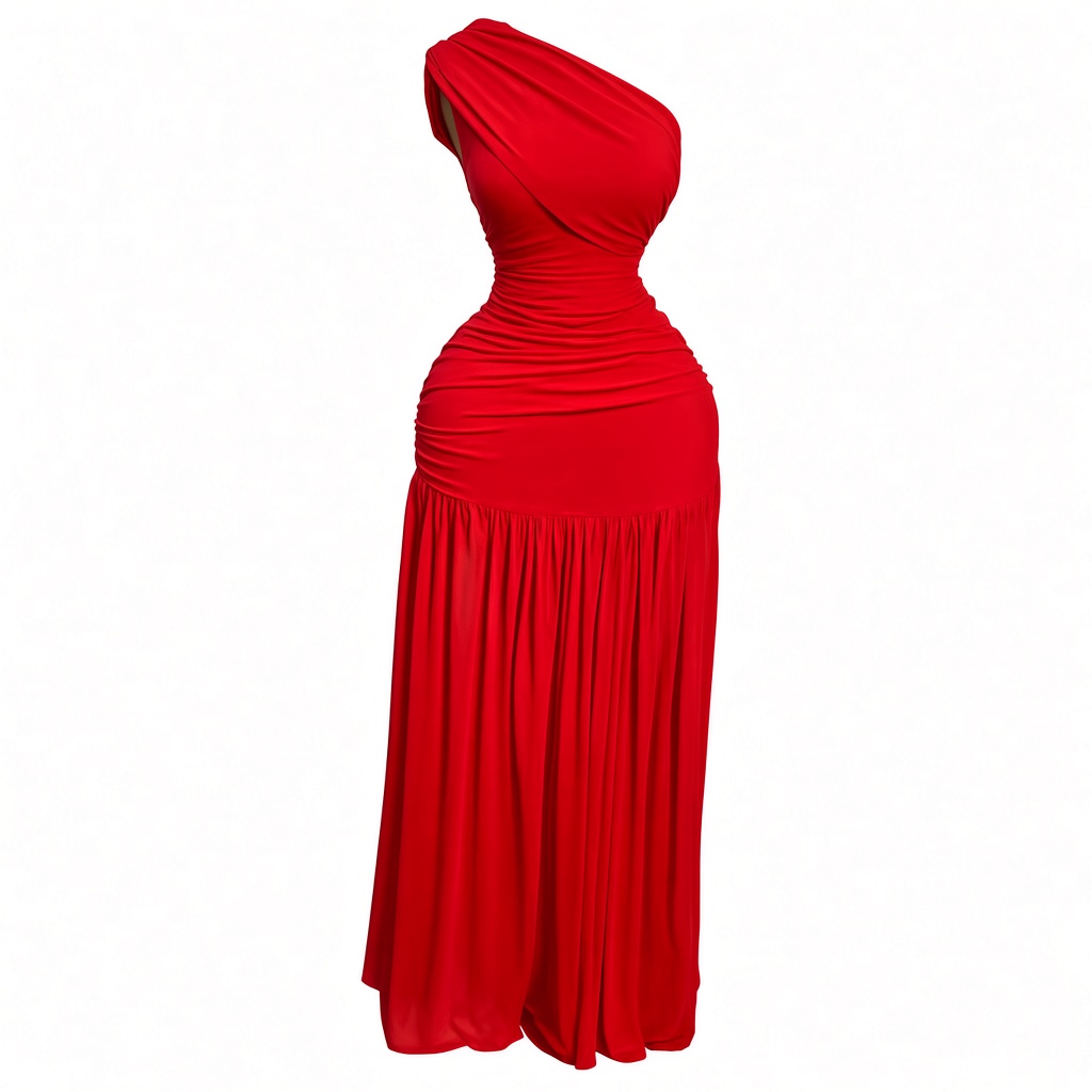 One-Shoulder Ruched Maxi — Red